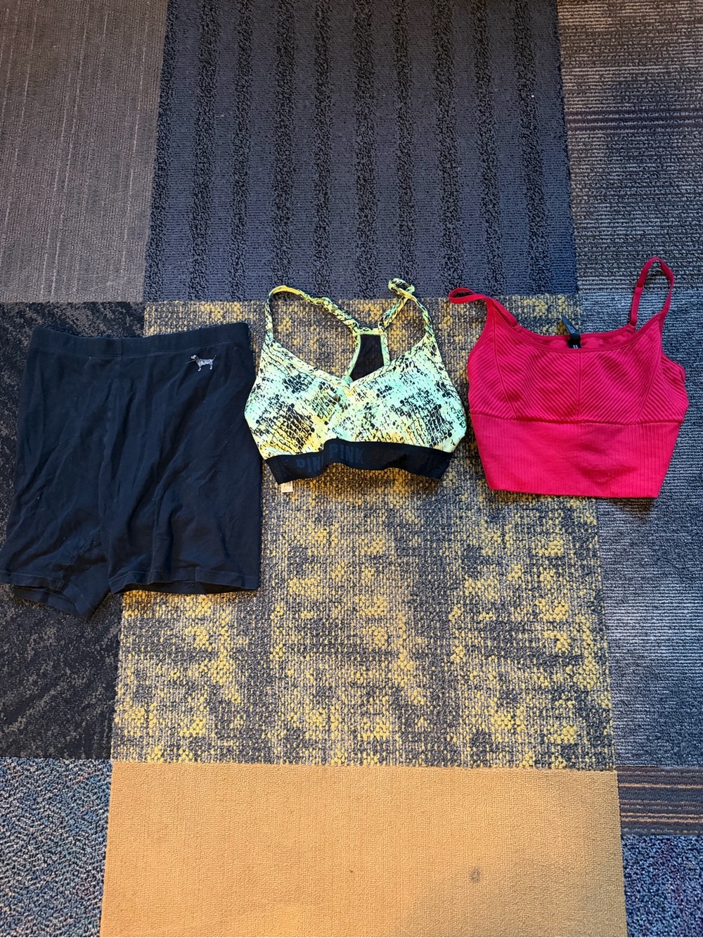 Activewear Set - Black Shorts, Yellow Snake Print Sports Bra, Red Padded Crop